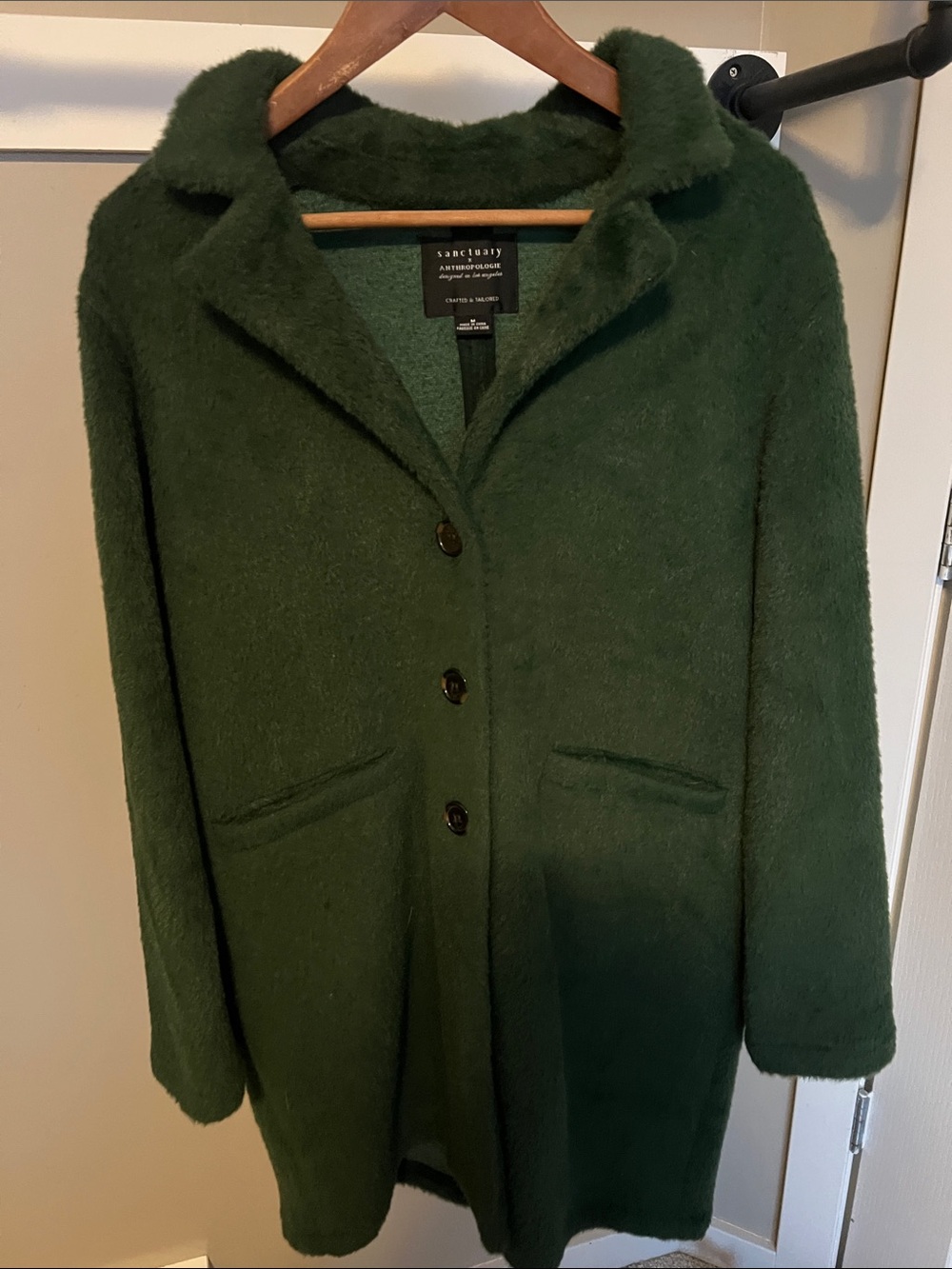 Sanctuary x Anthropologie Deep Green Fuzzy Button-Front Peacoat